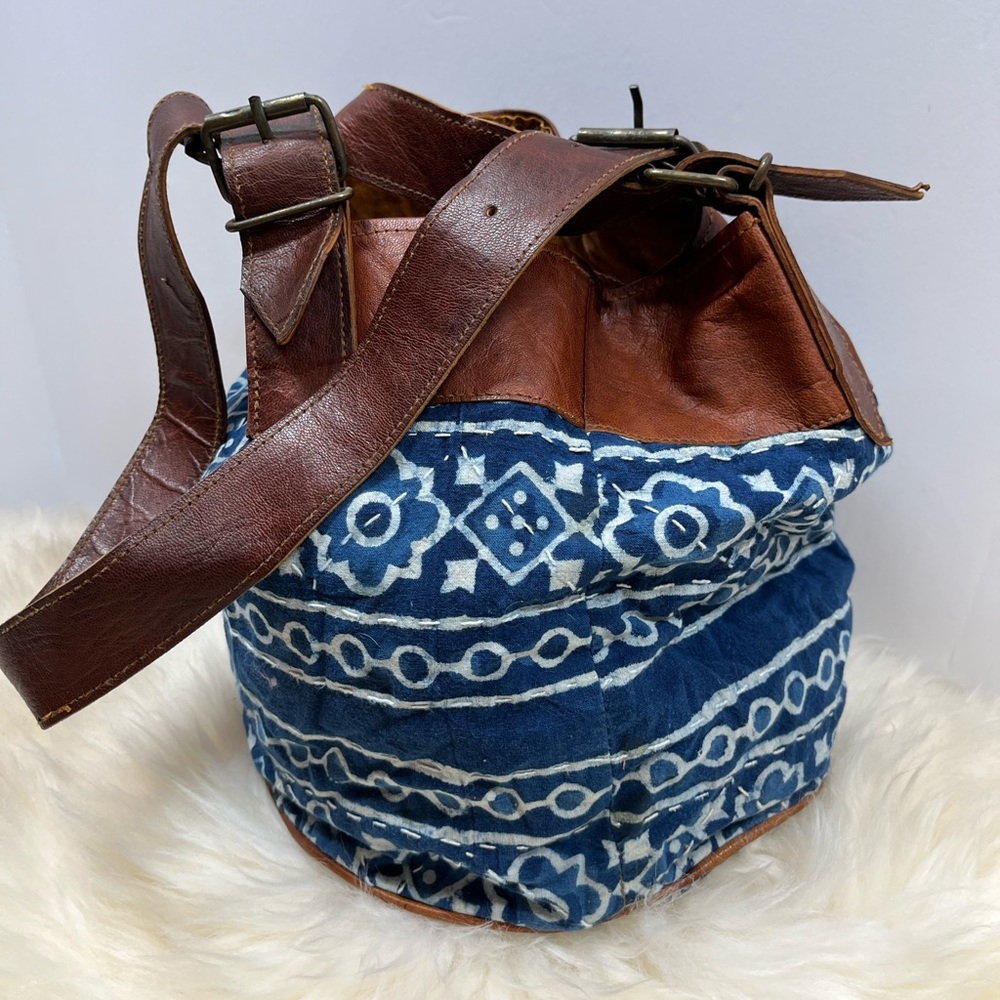 Shibori Indigo Dyed Japanese Fabric and Leather Bucket Bag